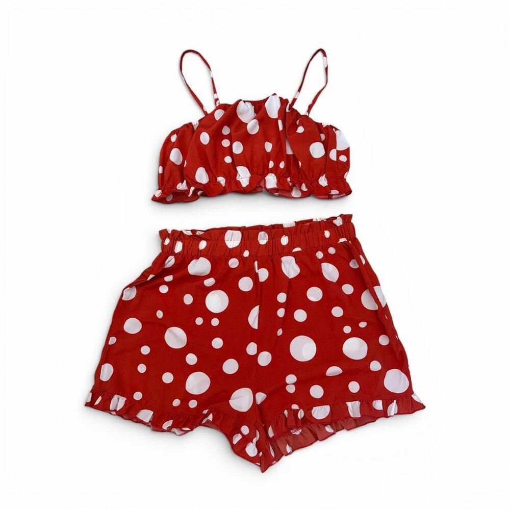 A very cute terracottaorange polka dot set